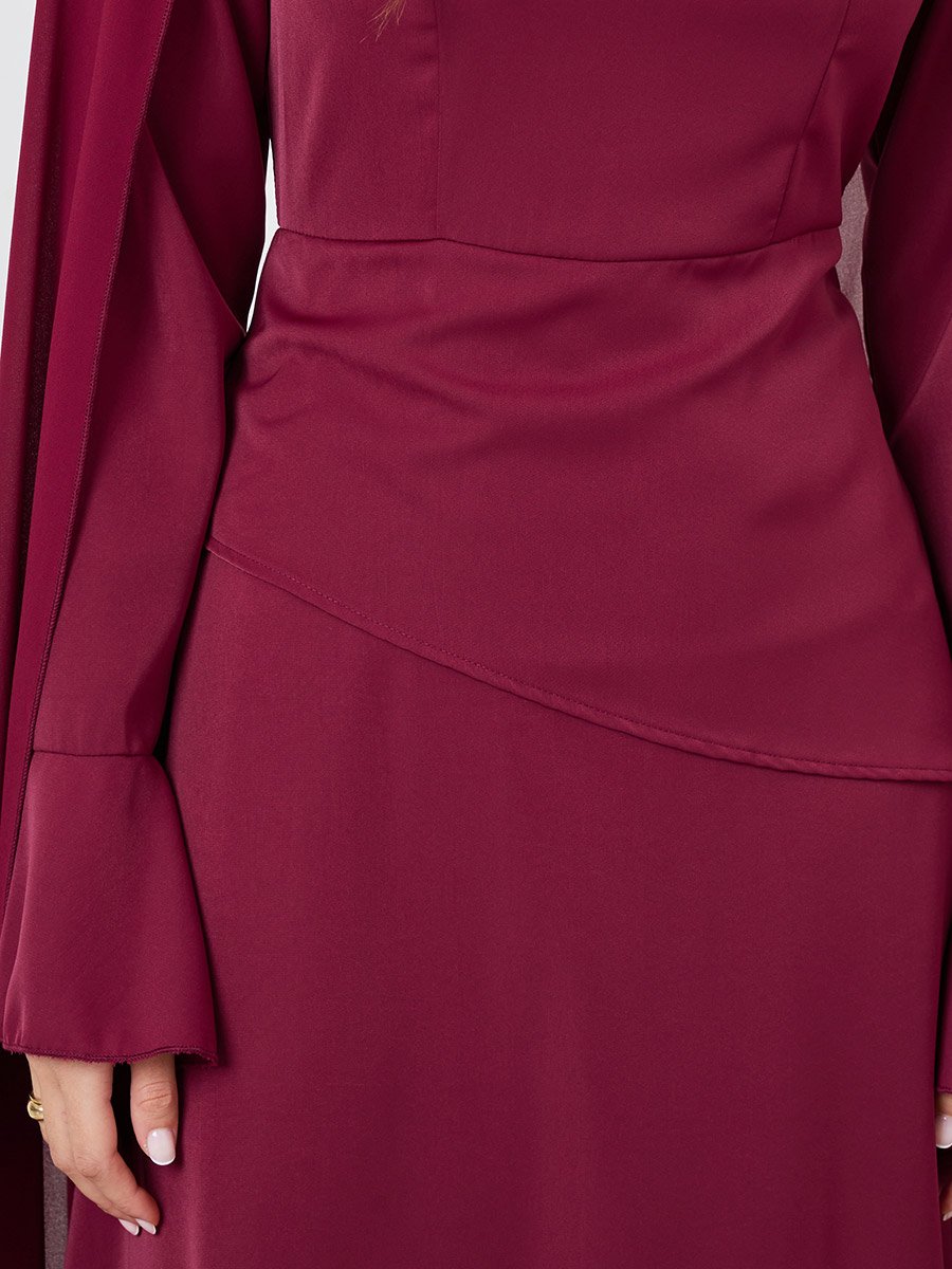 Burgundy Draped Round Neck Cape Maxi Dress
