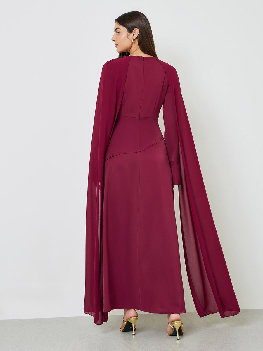 Burgundy Draped Round Neck Cape Maxi Dress