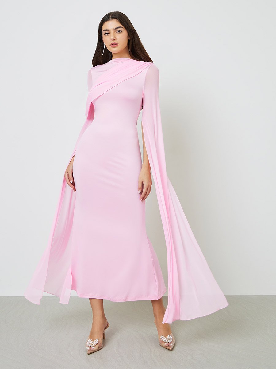 Pink Solid Drape Sleeves Sheath Maxi Dress