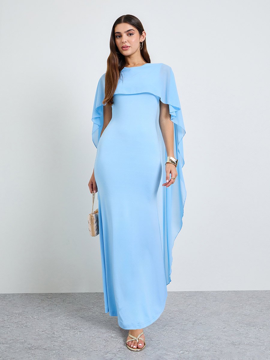 Blue Solid Maxi Dress with Cape Sleeves