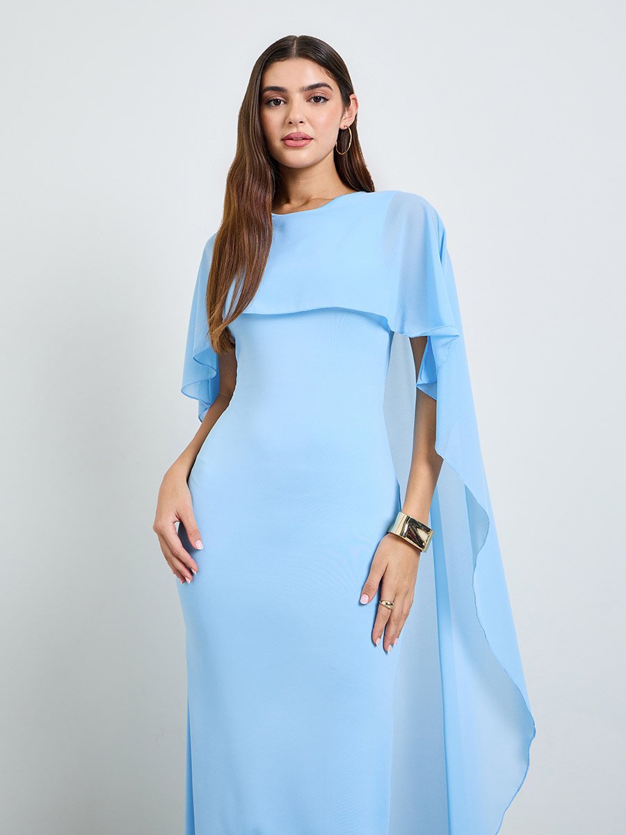 Blue Solid Maxi Dress with Cape Sleeves