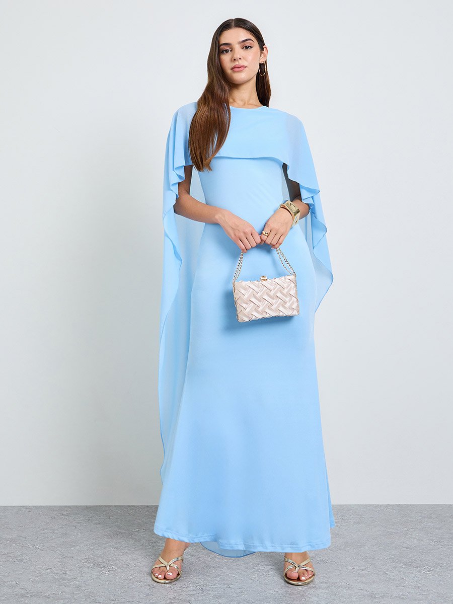 Blue Solid Maxi Dress with Cape Sleeves