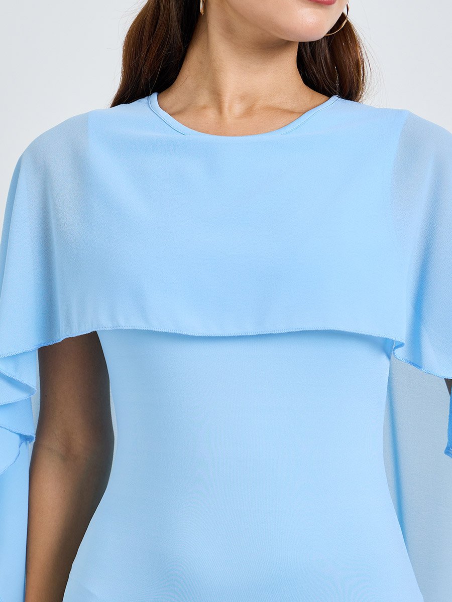 Blue Solid Maxi Dress with Cape Sleeves