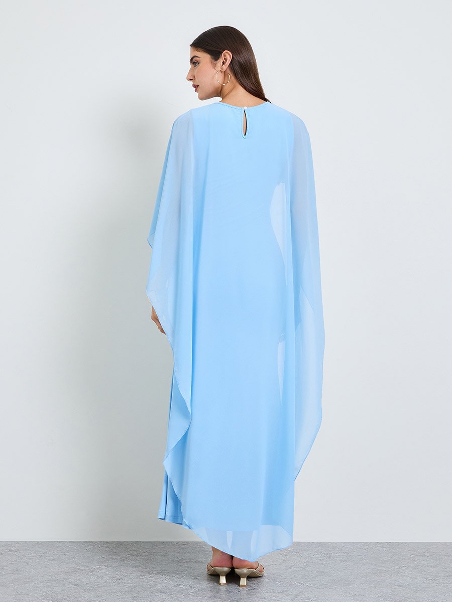 Blue Solid Maxi Dress with Cape Sleeves