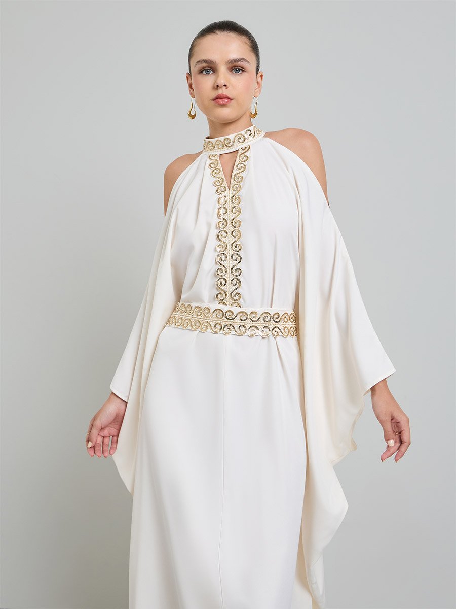 Beige Embroidered Maxi Sheath Dress with Long Sleeves