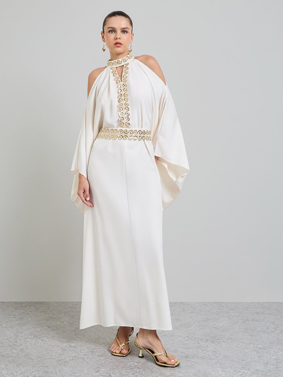 Beige Embroidered Maxi Sheath Dress with Long Sleeves