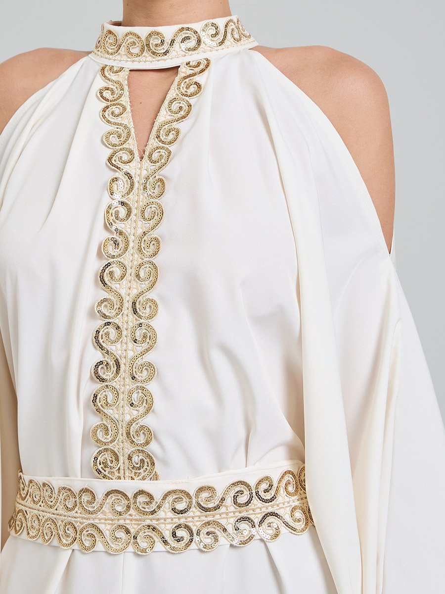 Beige Embroidered Maxi Sheath Dress with Long Sleeves