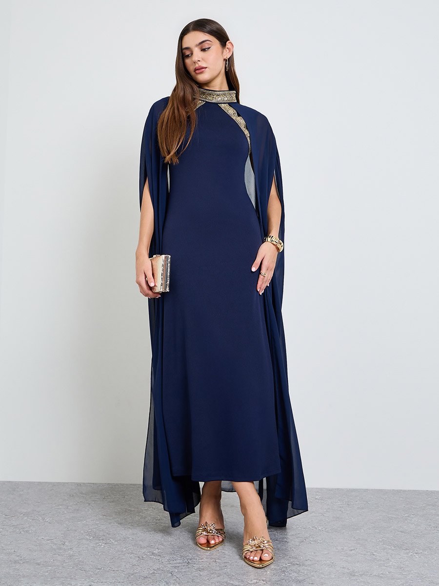 Dark Blue Maxi Dress with Cape Sleeves