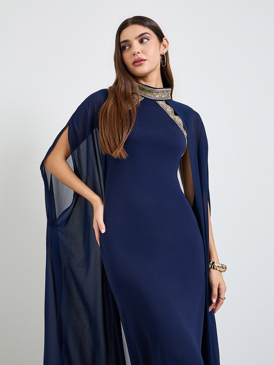 Dark Blue Maxi Dress with Cape Sleeves
