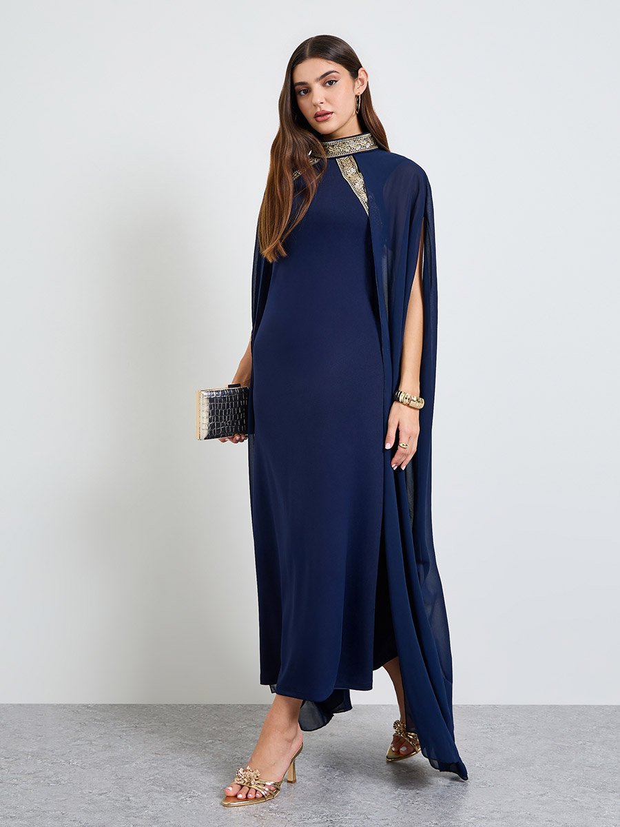 Dark Blue Maxi Dress with Cape Sleeves