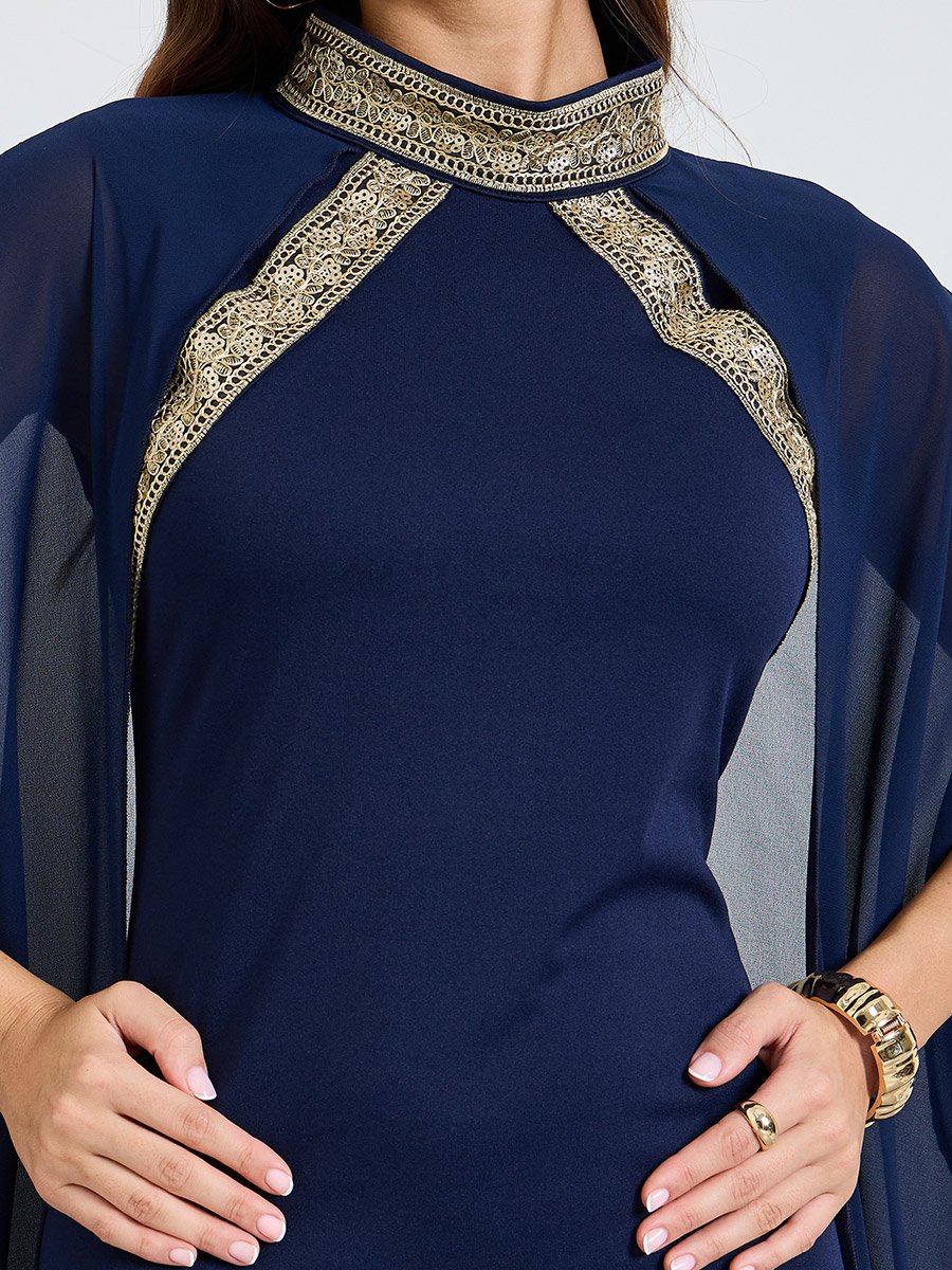 Dark Blue Maxi Dress with Cape Sleeves