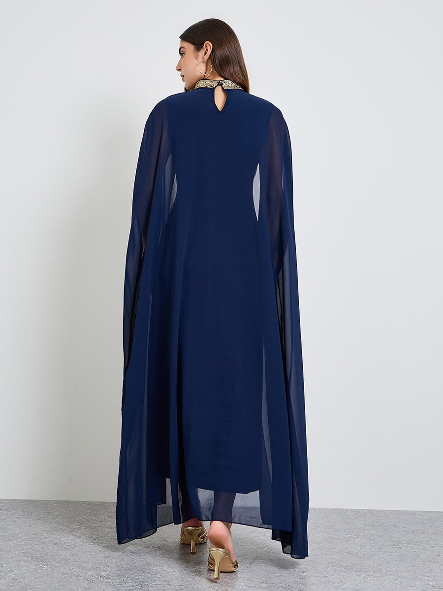 Dark Blue Maxi Dress with Cape Sleeves