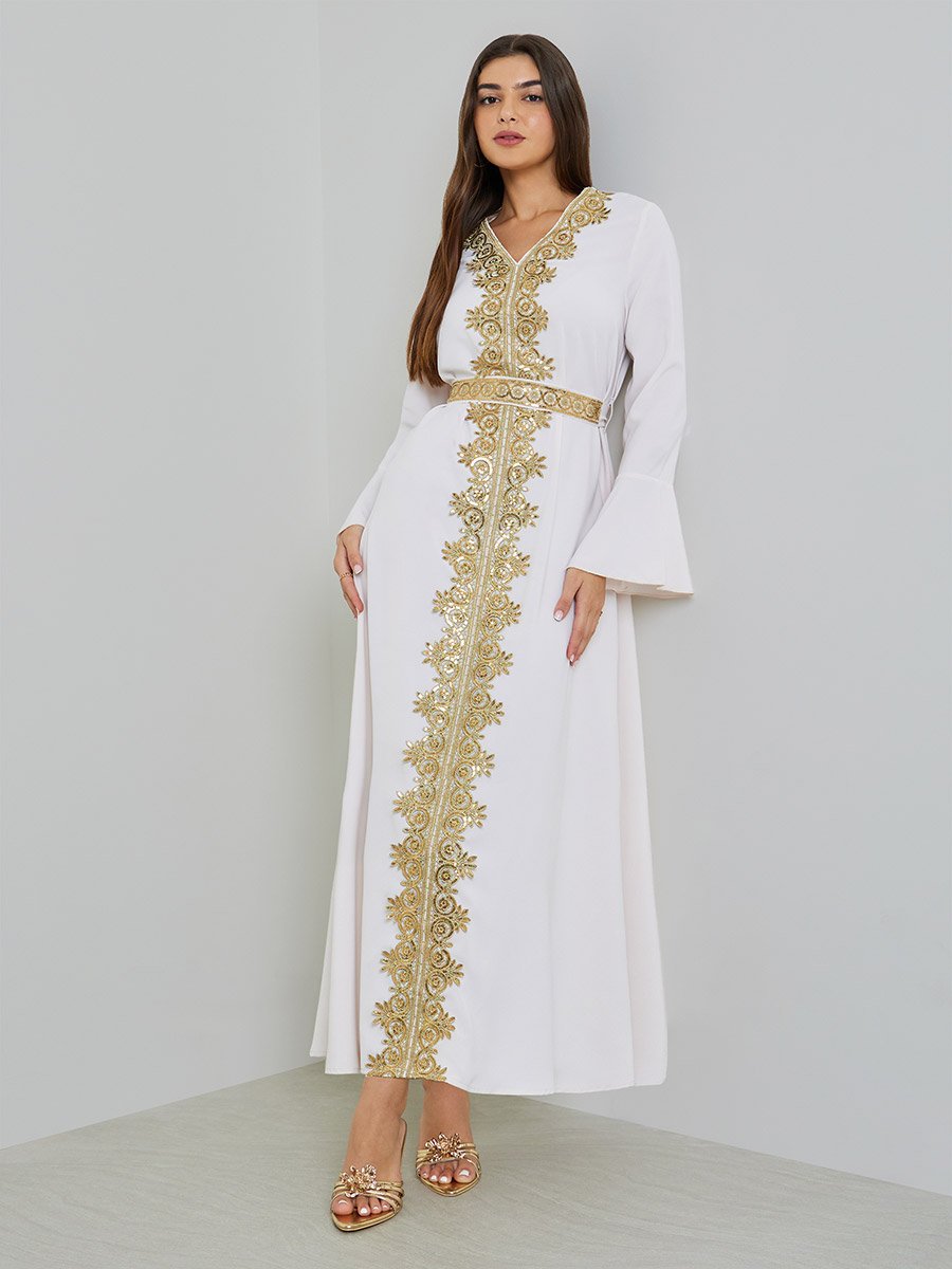 White Gold Embroidery A-Line Maxi Kaftan