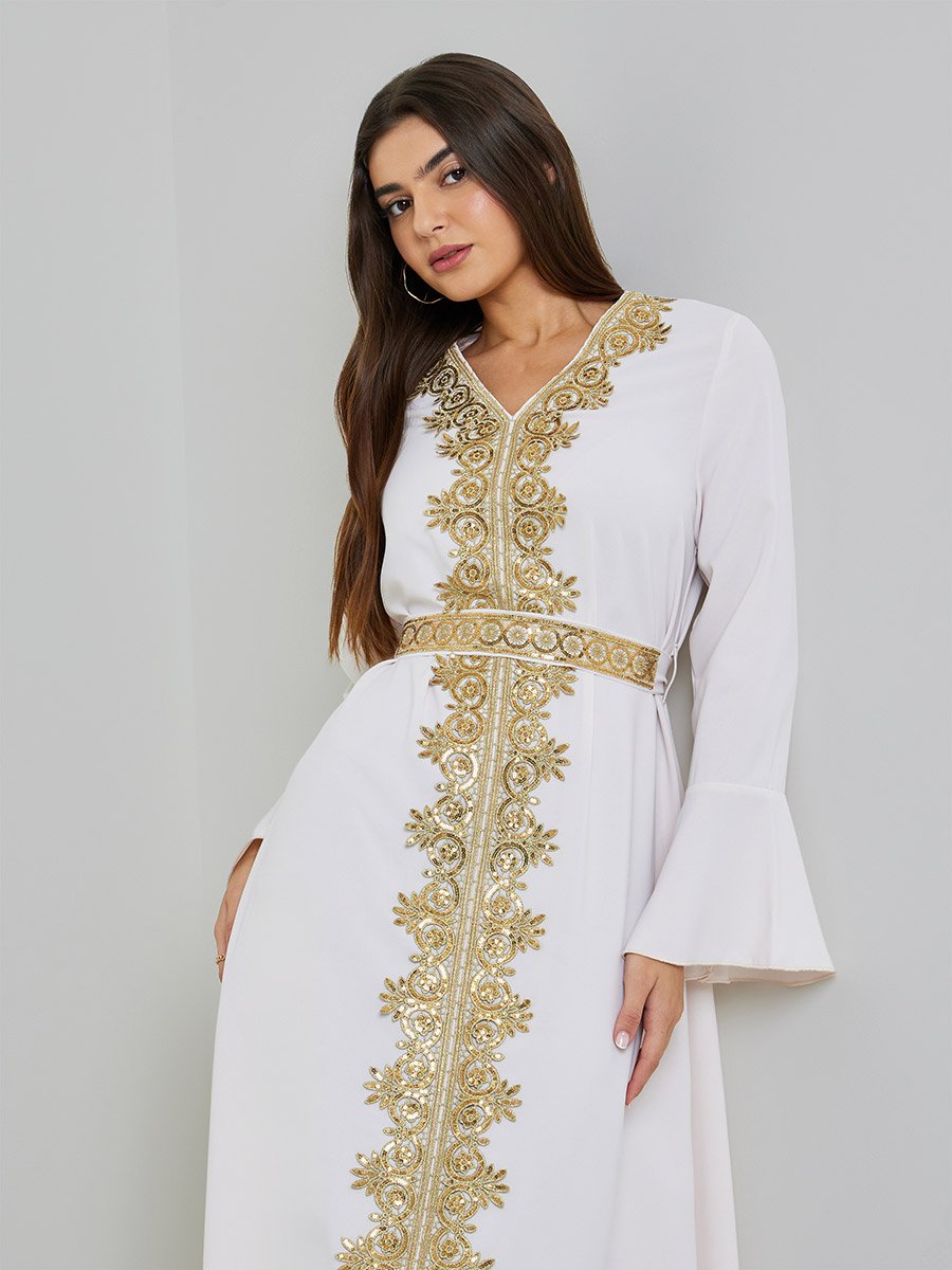 White Gold Embroidery A-Line Maxi Kaftan