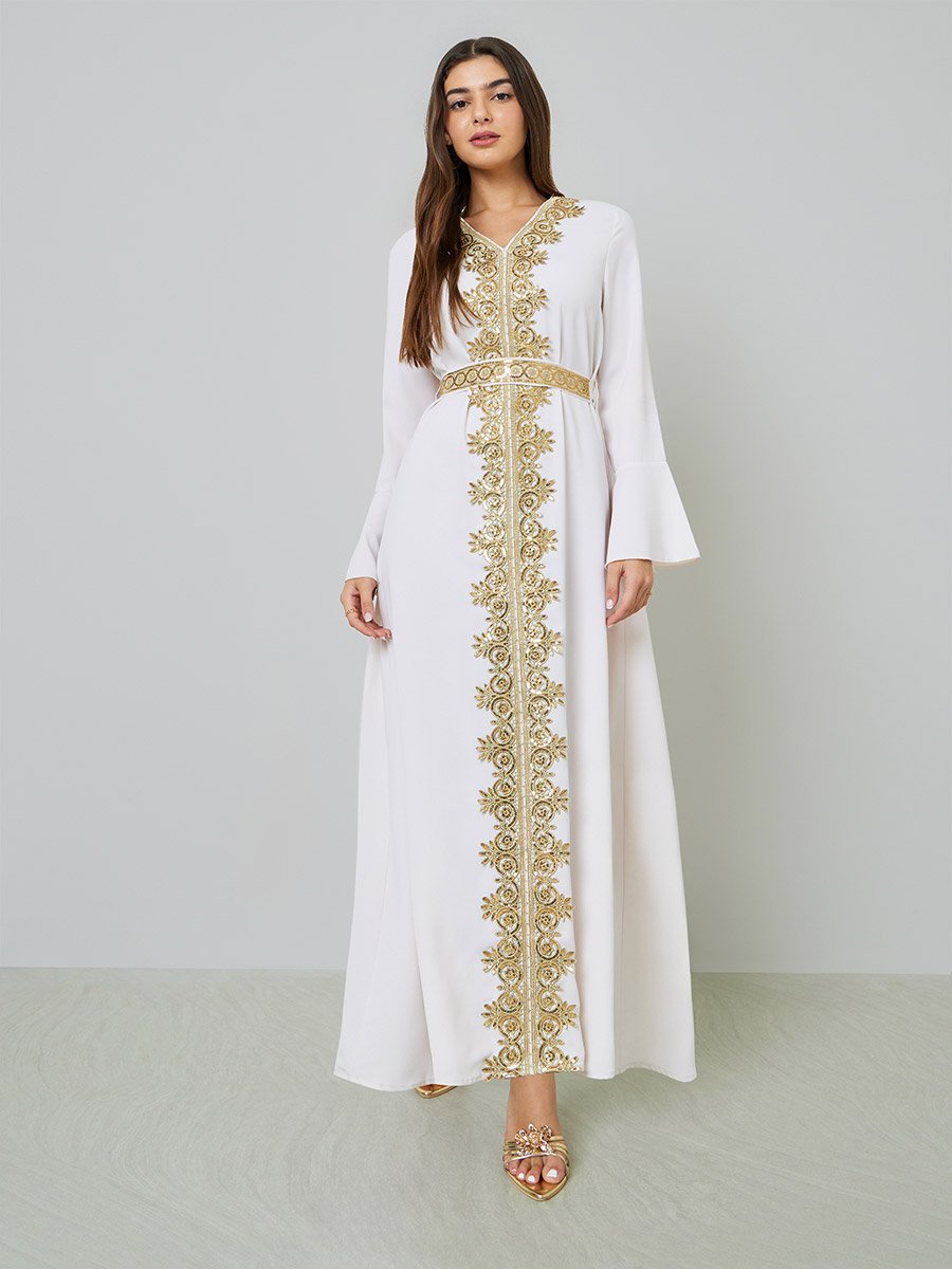 White Gold Embroidery A-Line Maxi Kaftan