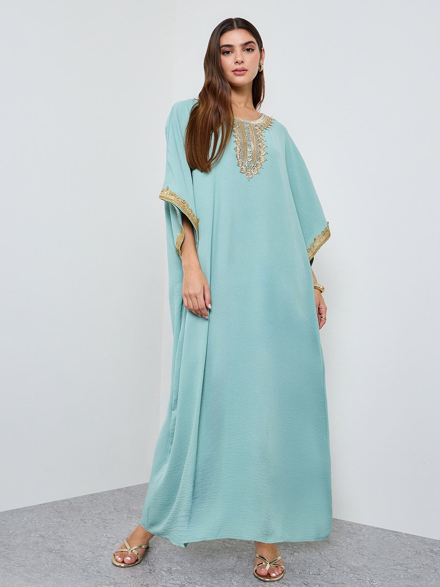 Green Kaftan Maxi Dress with Lace Embroidery