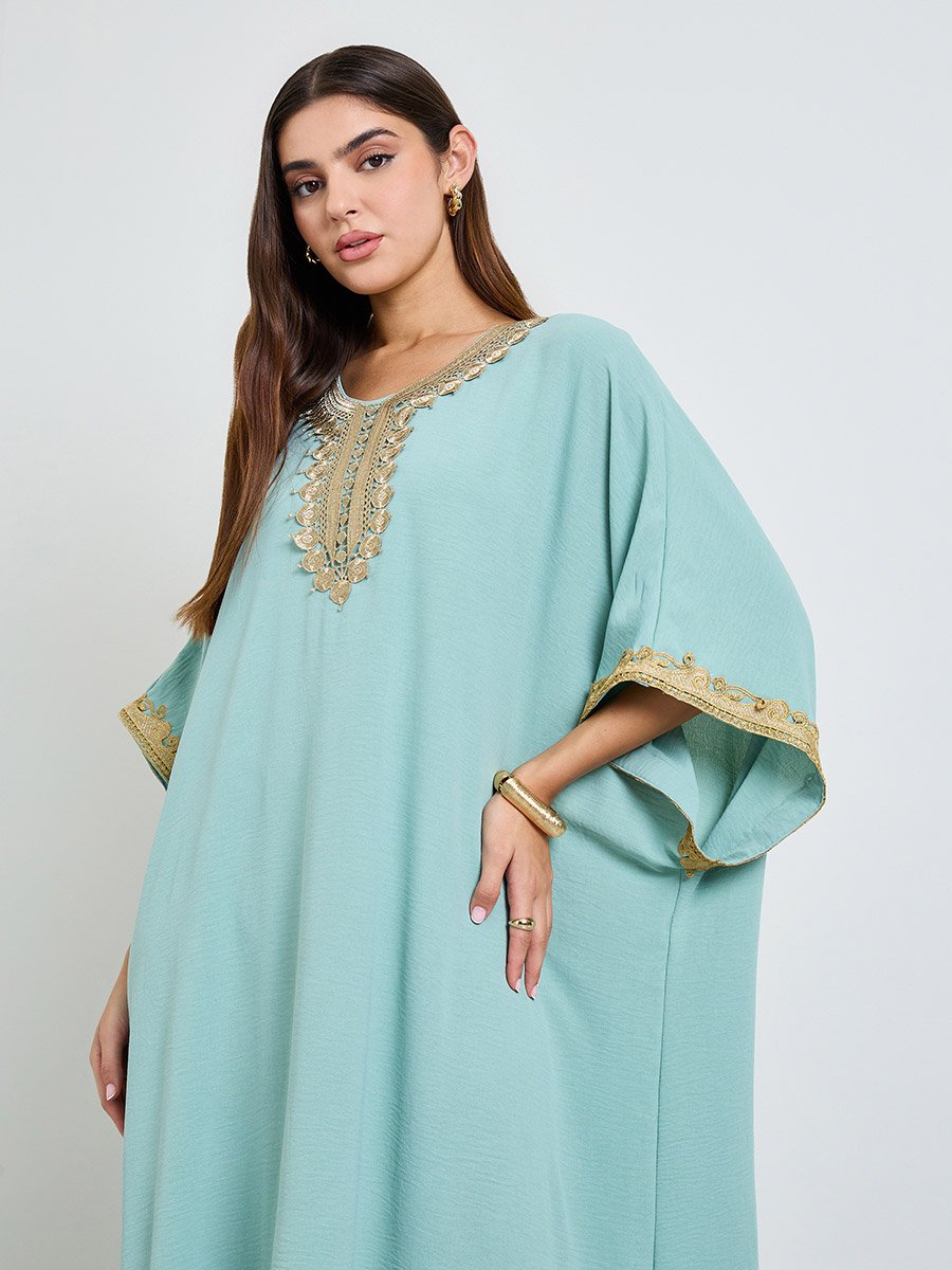 Green Kaftan Maxi Dress with Lace Embroidery