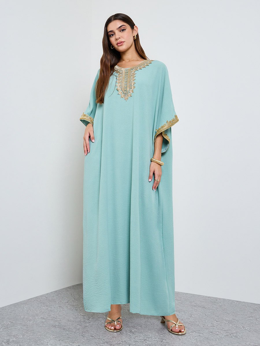 Green Kaftan Maxi Dress with Lace Embroidery