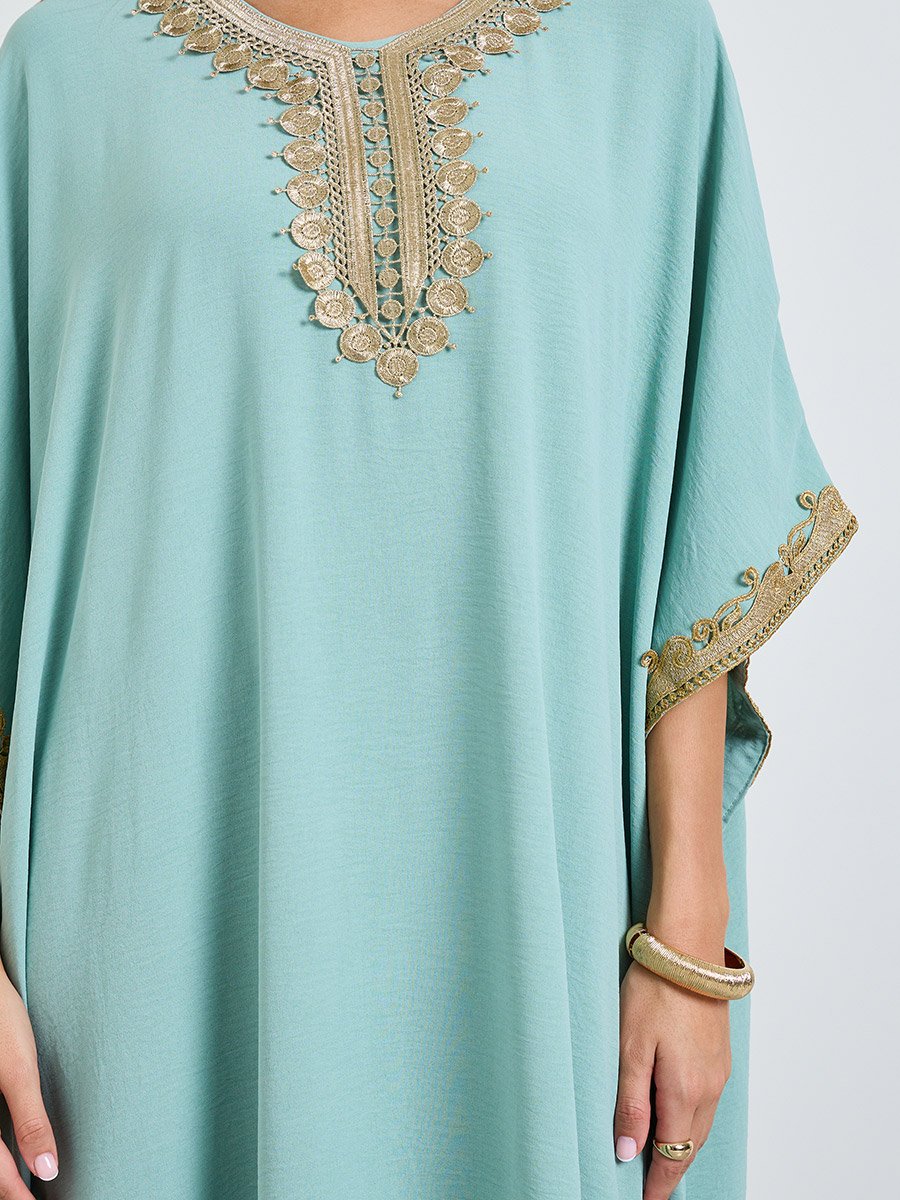 Green Kaftan Maxi Dress with Lace Embroidery