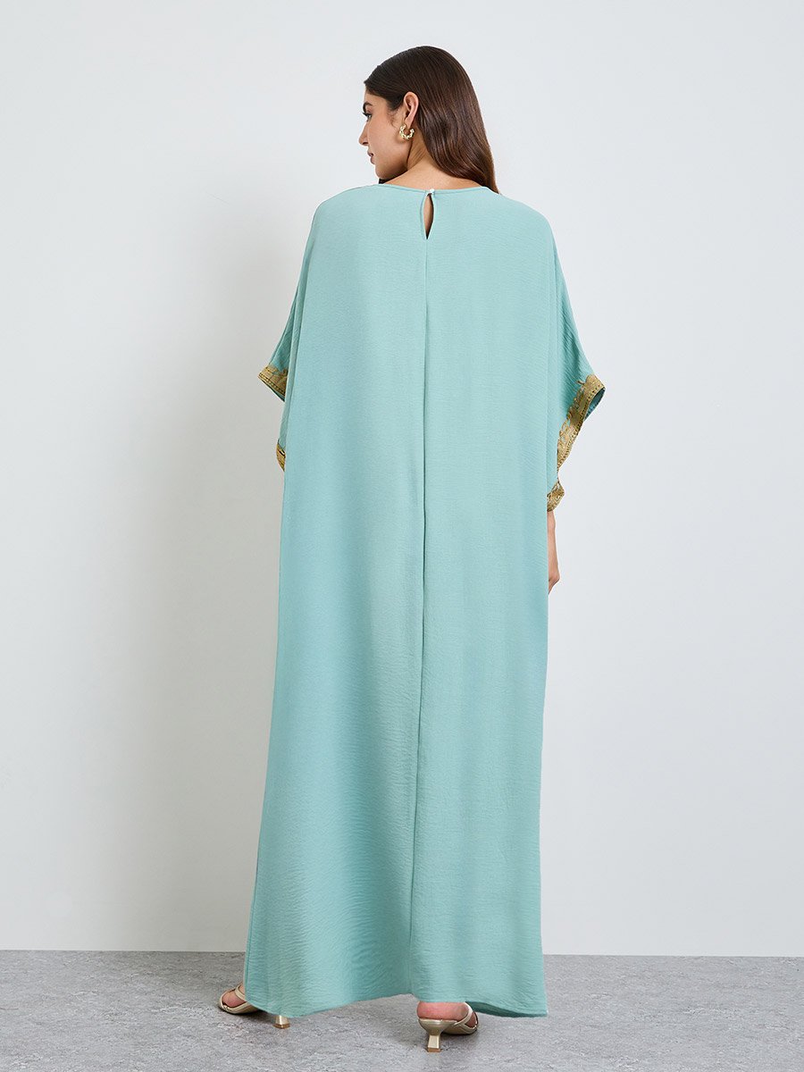 Green Kaftan Maxi Dress with Lace Embroidery