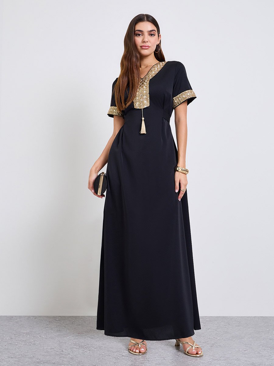 Black Embroidered A-Line Maxi Dress