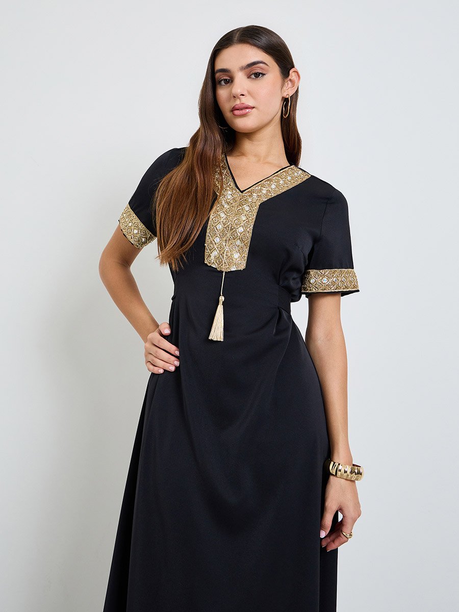 Black Embroidered A-Line Maxi Dress
