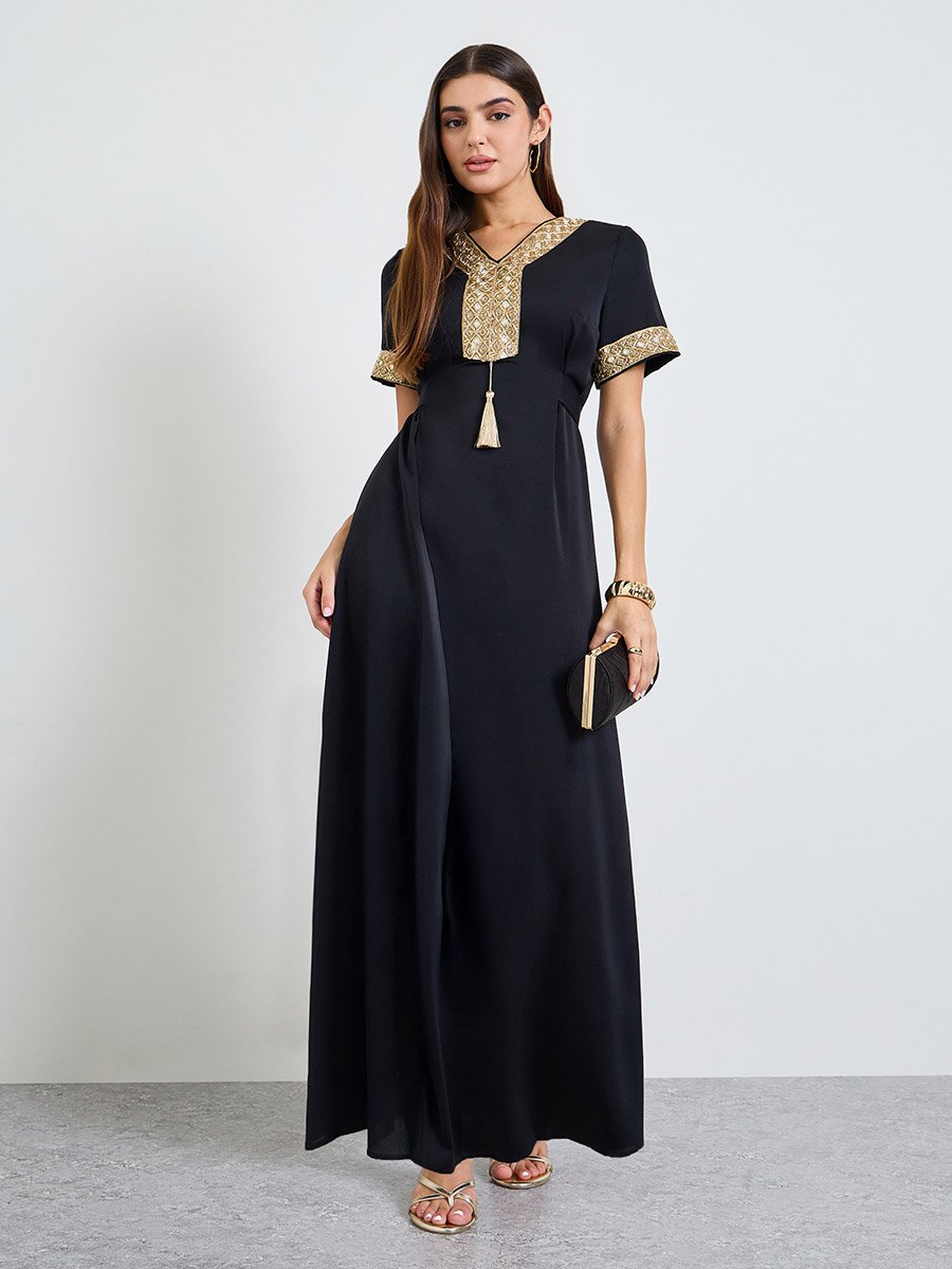 Black Embroidered A-Line Maxi Dress