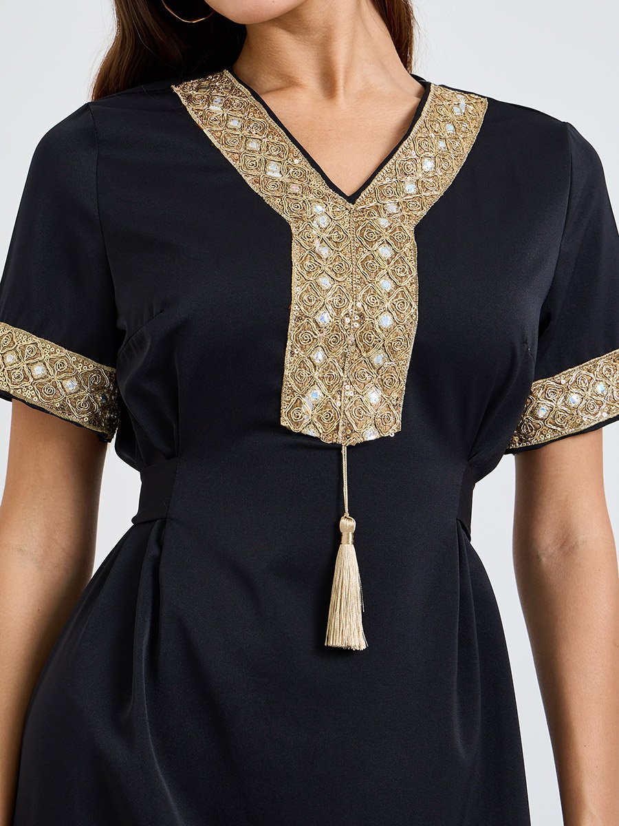 Black Embroidered A-Line Maxi Dress