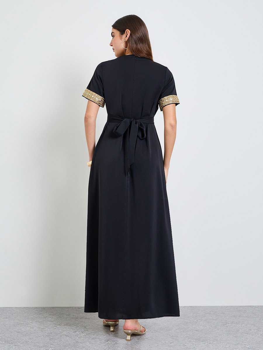 Black Embroidered A-Line Maxi Dress