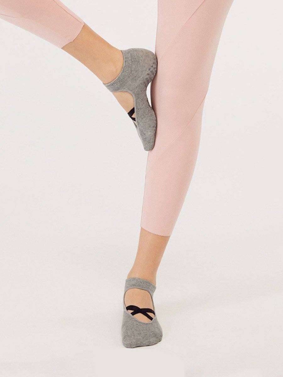 Grey Thin Cross Over Straps Silicon Pad No Show Yoga Socks