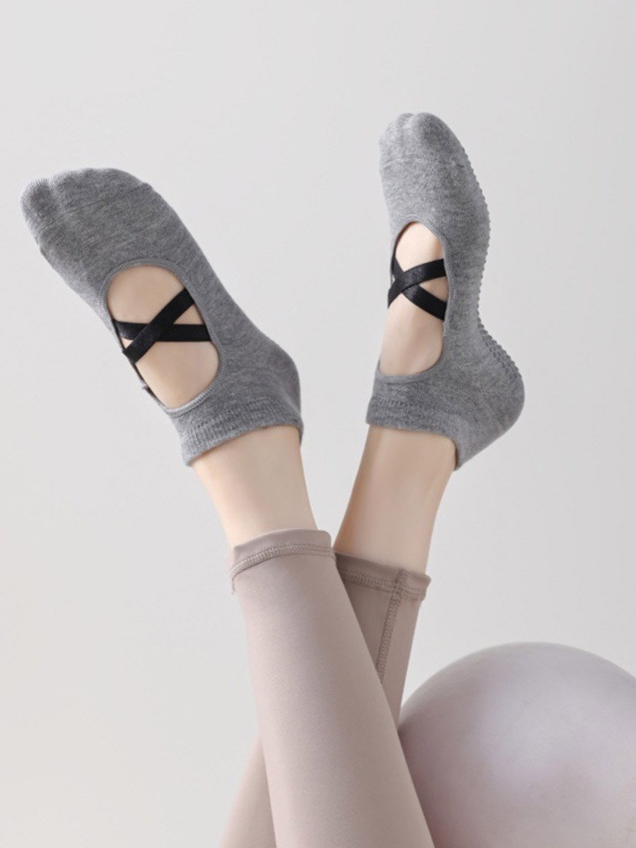 Grey Thin Cross Over Straps Silicon Pad No Show Yoga Socks