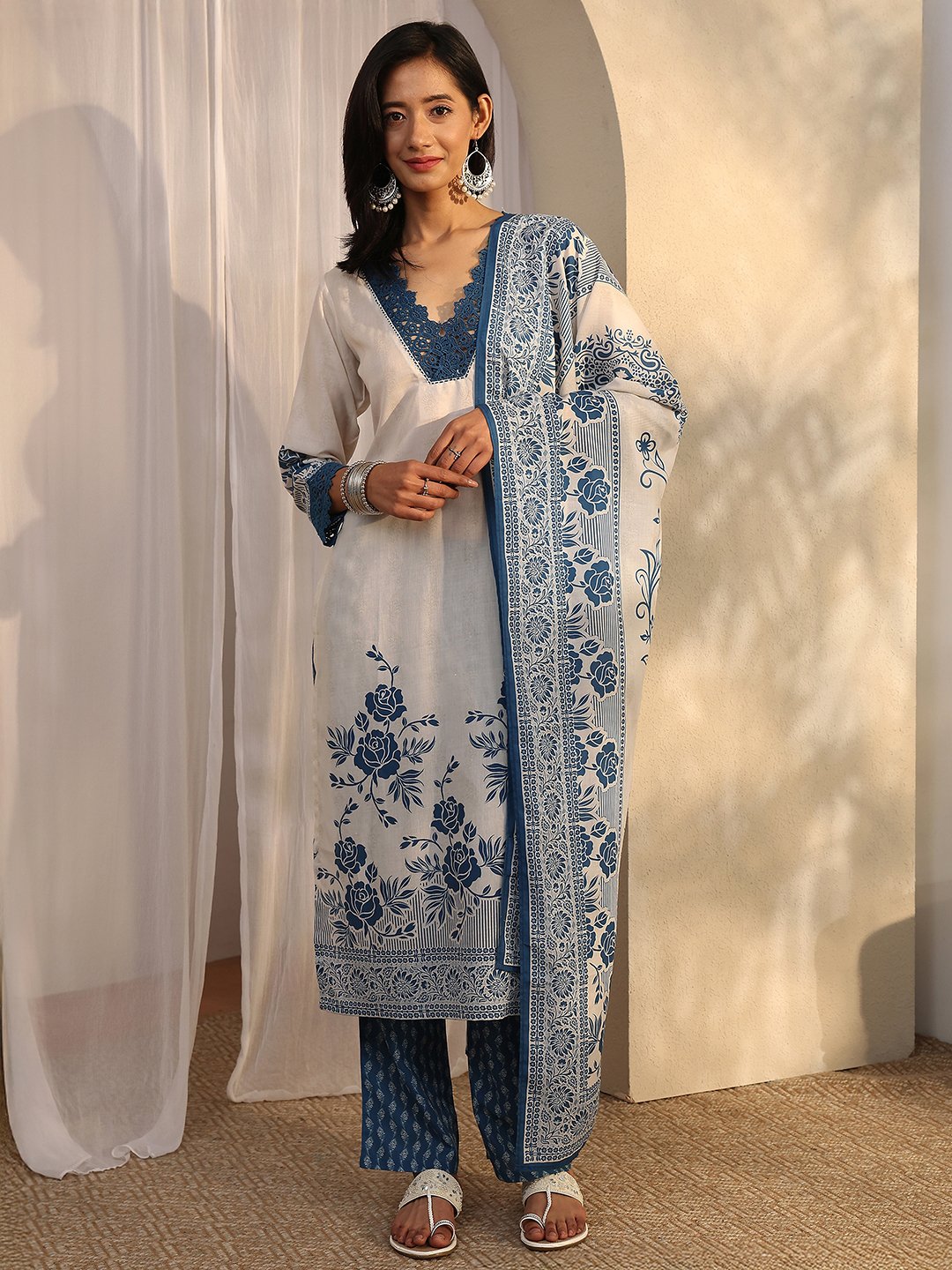 Off White Printed Cotton Blend Straight Kurta, Trousers and Dupatta Set