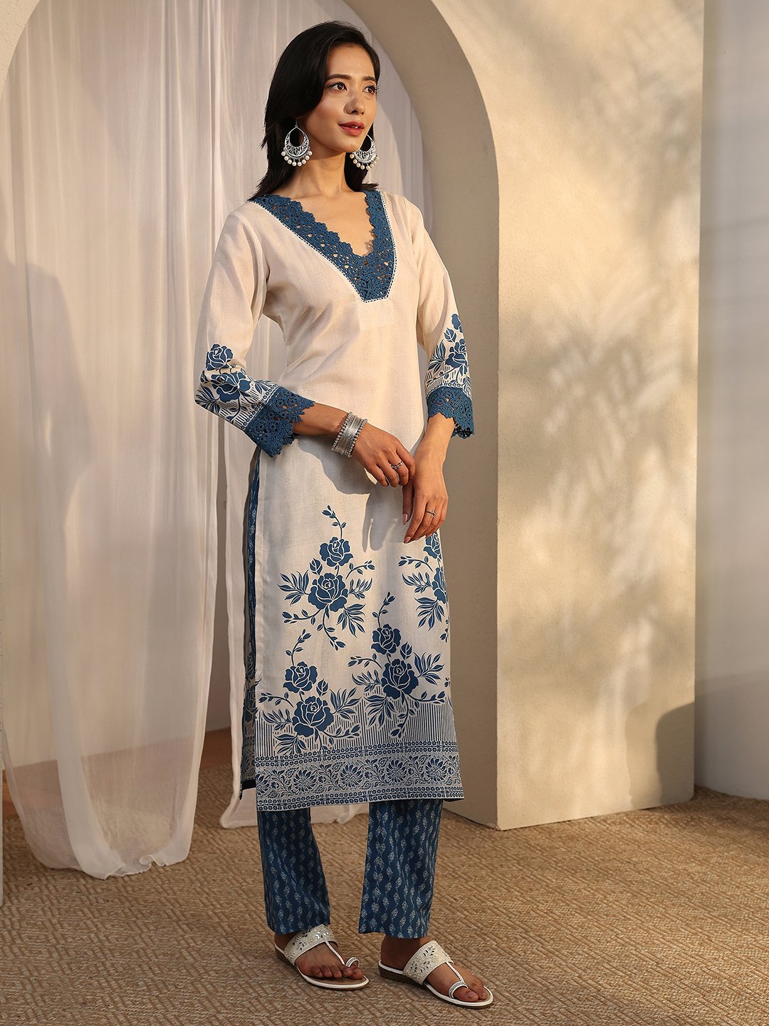 Off White Printed Cotton Blend Straight Kurta, Trousers and Dupatta Set