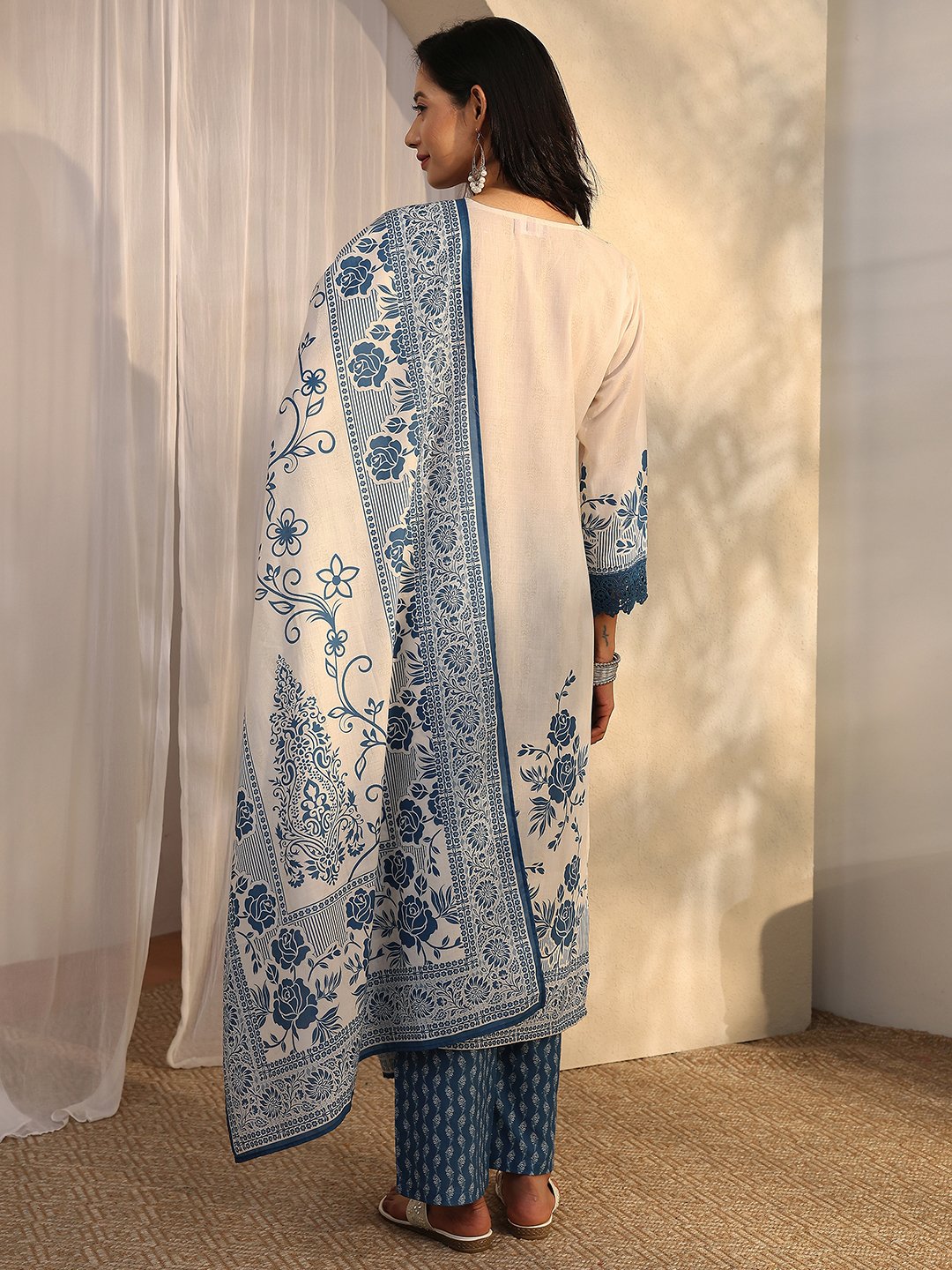 Off White Printed Cotton Blend Straight Kurta, Trousers and Dupatta Set