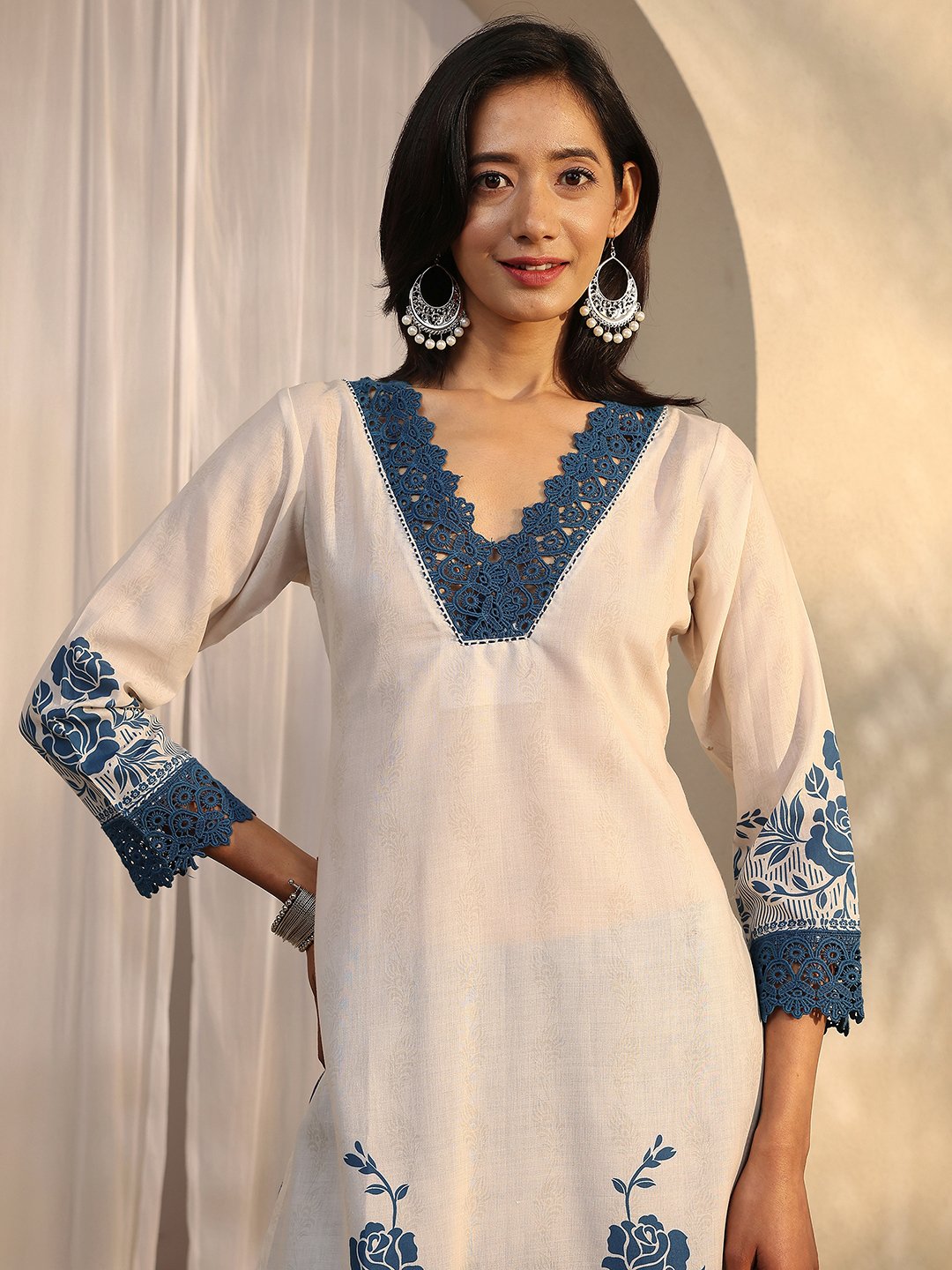 Off White Printed Cotton Blend Straight Kurta, Trousers and Dupatta Set