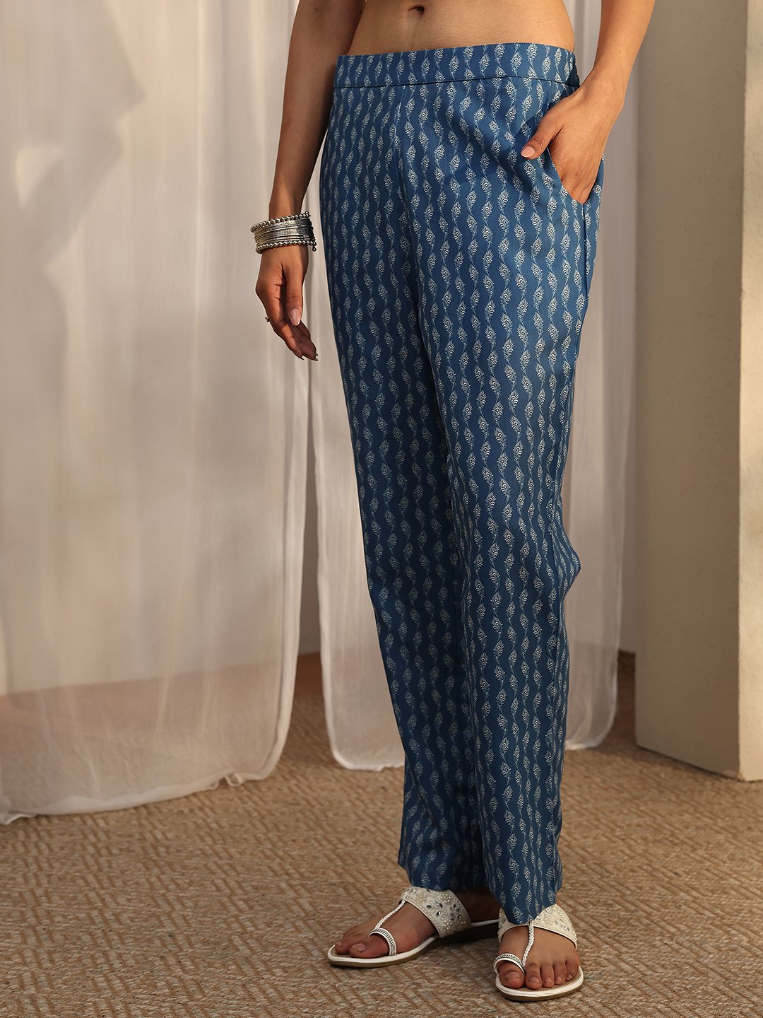Off White Printed Cotton Blend Straight Kurta, Trousers and Dupatta Set