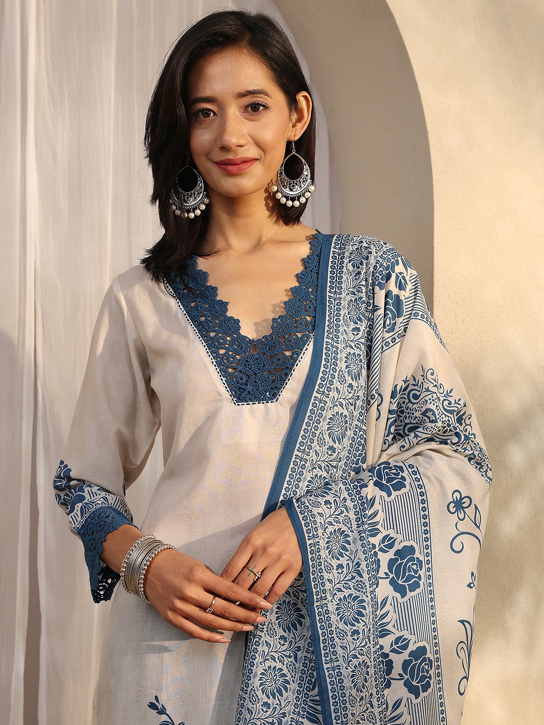 Off White Printed Cotton Blend Straight Kurta, Trousers and Dupatta Set