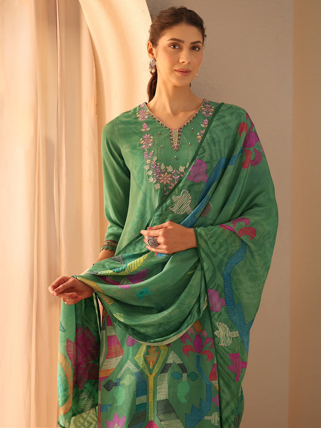 Green Printed Crepe Straight Kurta, Trousers and Dupatta Set