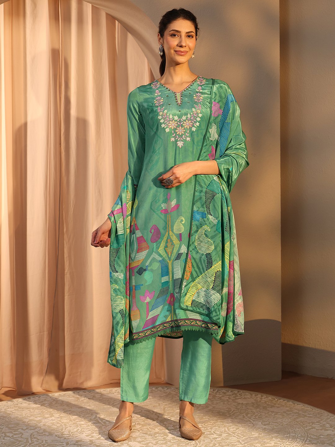 Green Printed Crepe Straight Kurta, Trousers and Dupatta Set