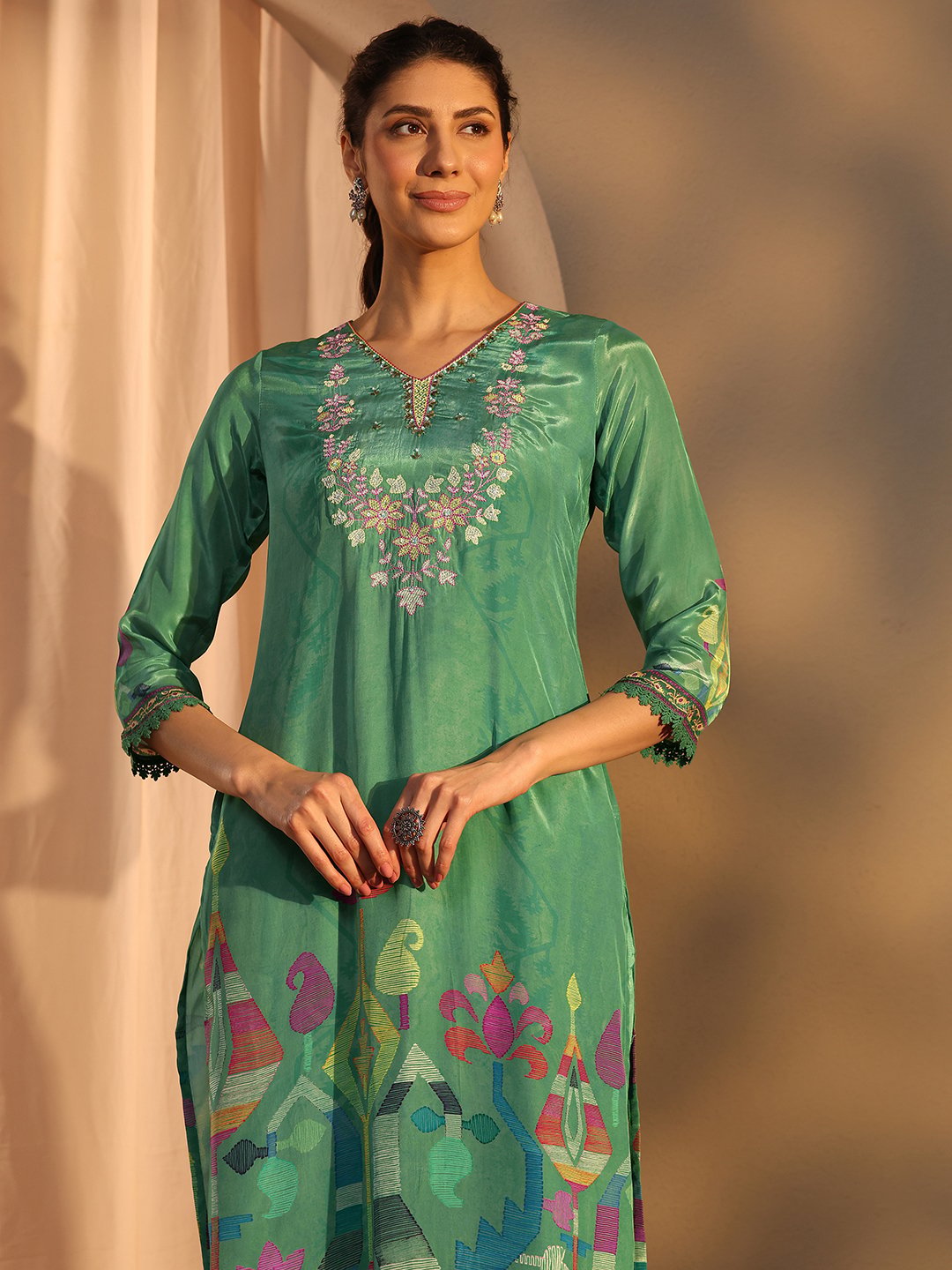 Green Printed Crepe Straight Kurta, Trousers and Dupatta Set