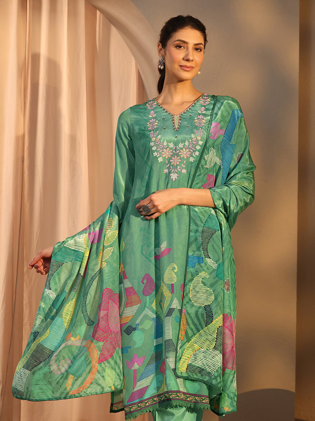 Green Printed Crepe Straight Kurta, Trousers and Dupatta Set