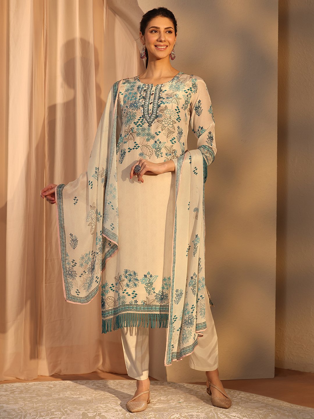 Off White Printed Crepe Straight Kurta, Trousers and Dupatta Set