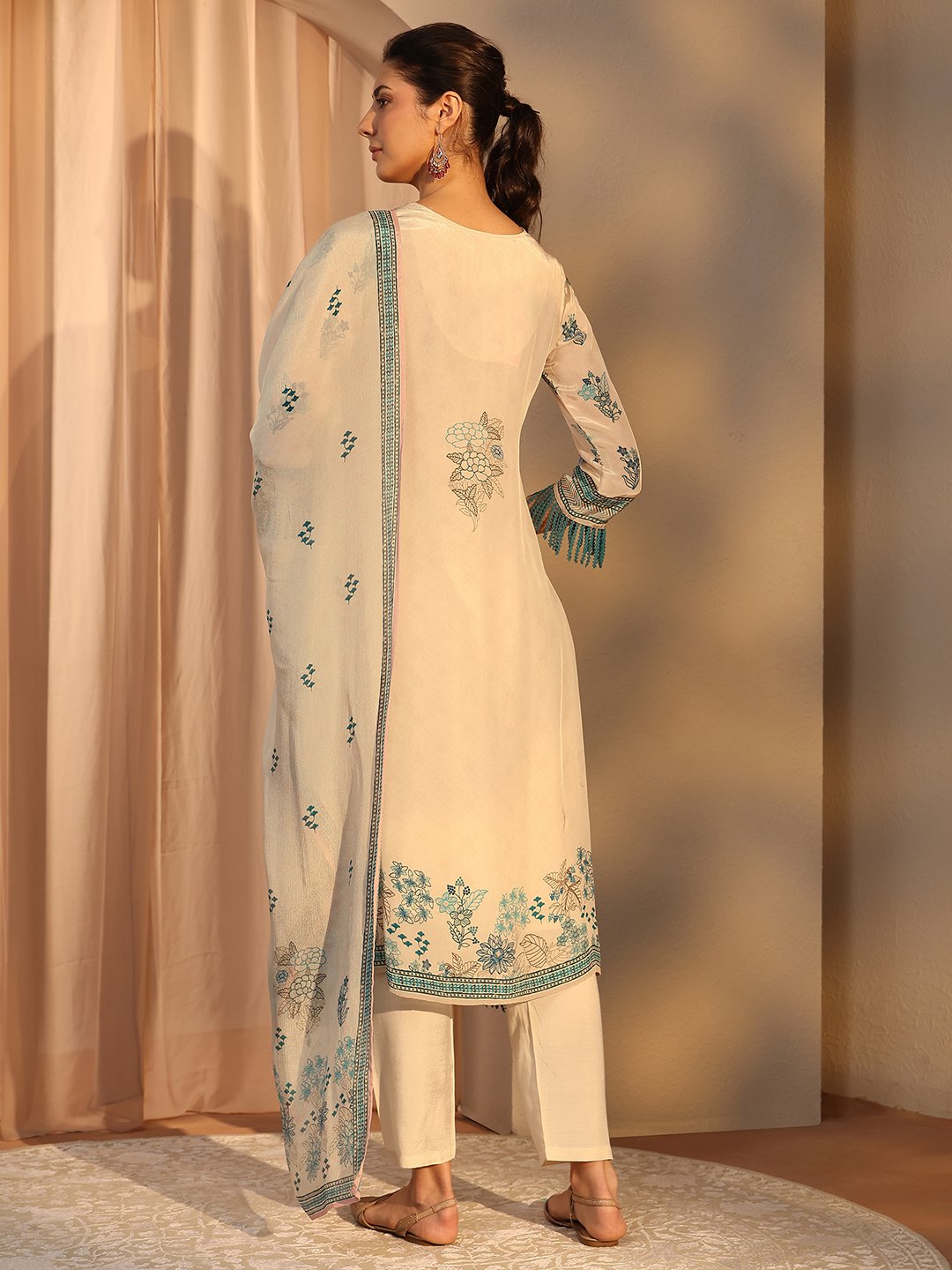Off White Printed Crepe Straight Kurta, Trousers and Dupatta Set