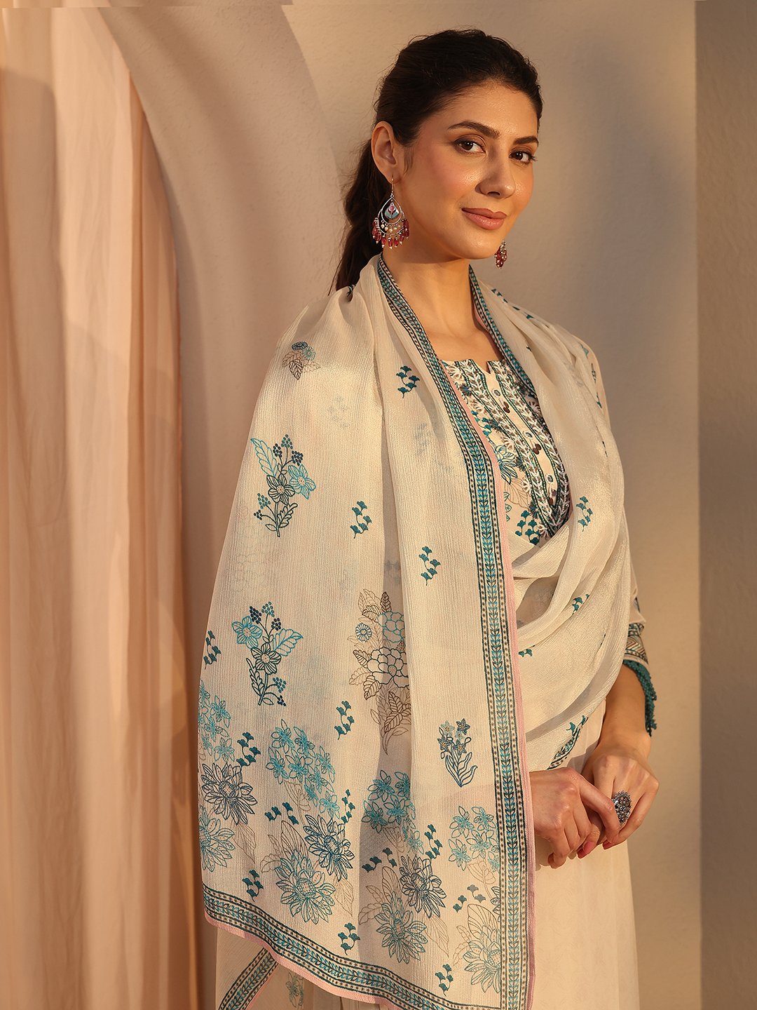 Off White Printed Crepe Straight Kurta, Trousers and Dupatta Set