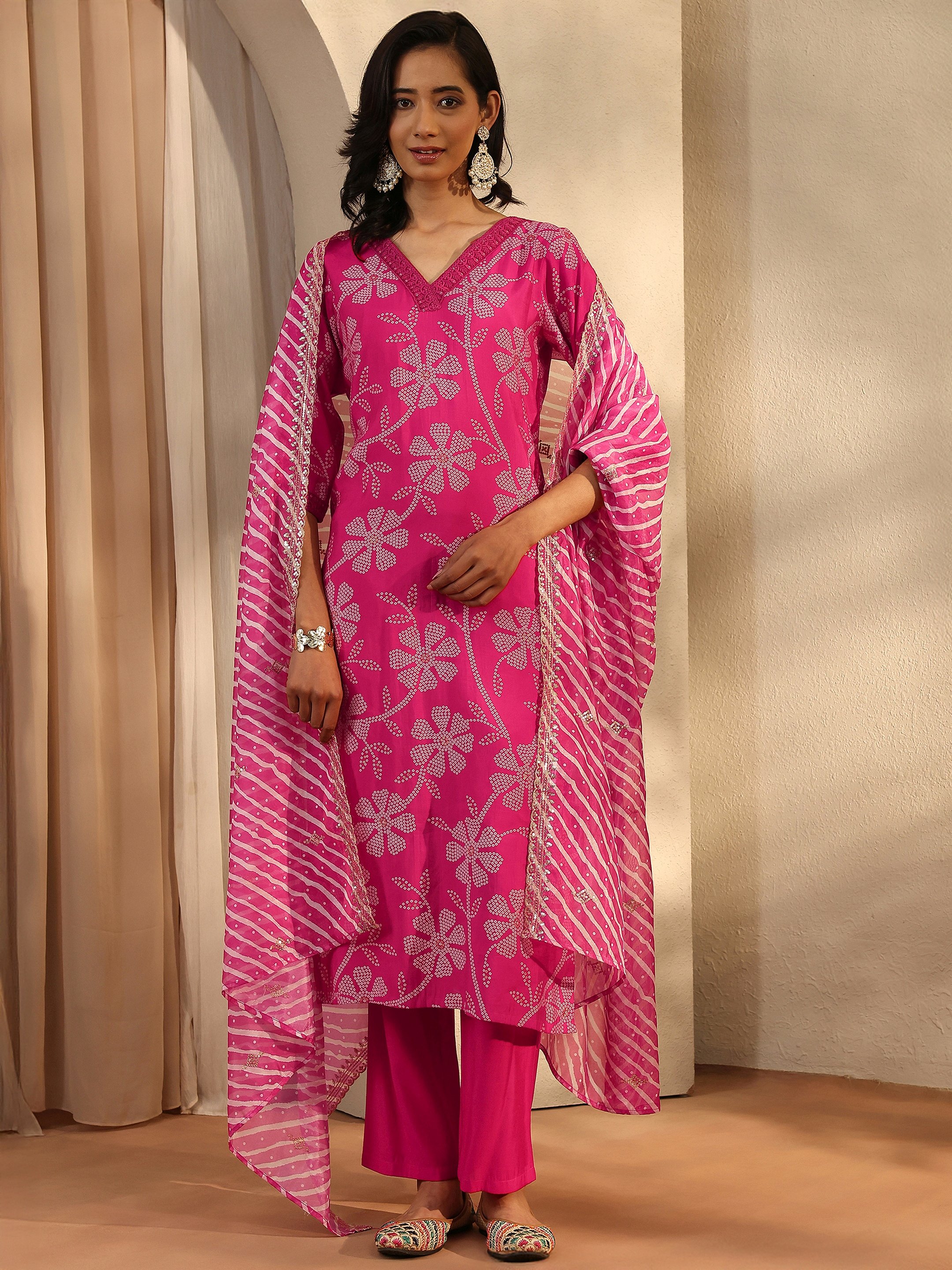 Pink Printed Silk Blend Straight Kurta, Trousers and Dupatta Set