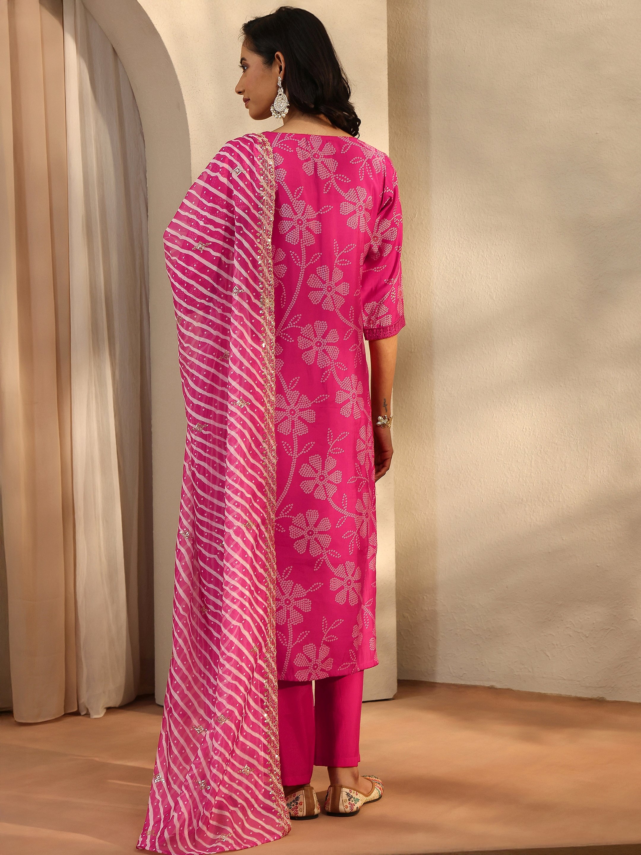 Pink Printed Silk Blend Straight Kurta, Trousers and Dupatta Set