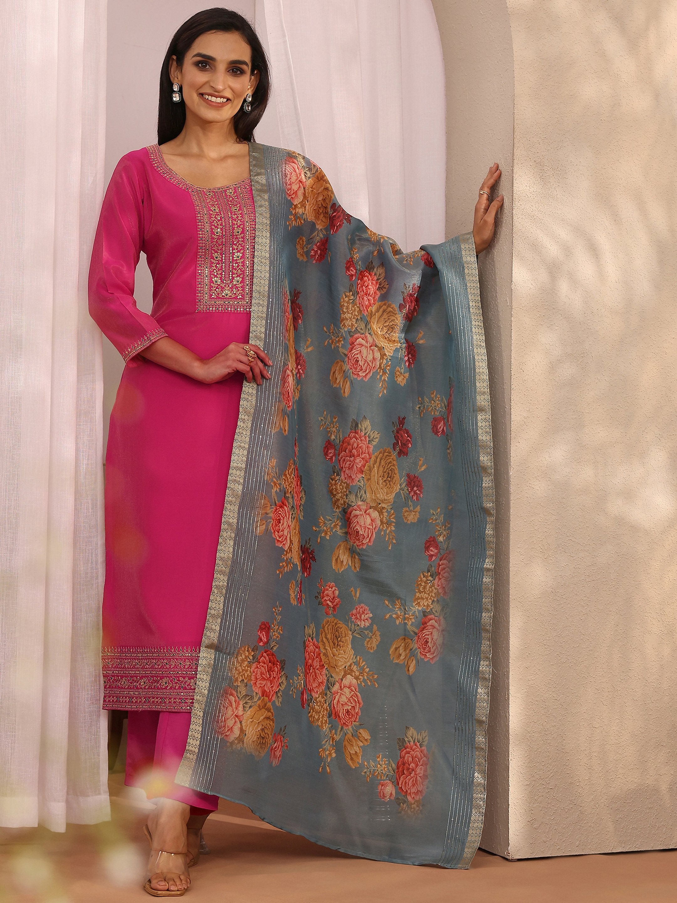 Pink Printed Silk Blend Straight Kurta, Trousers and Dupatta Set