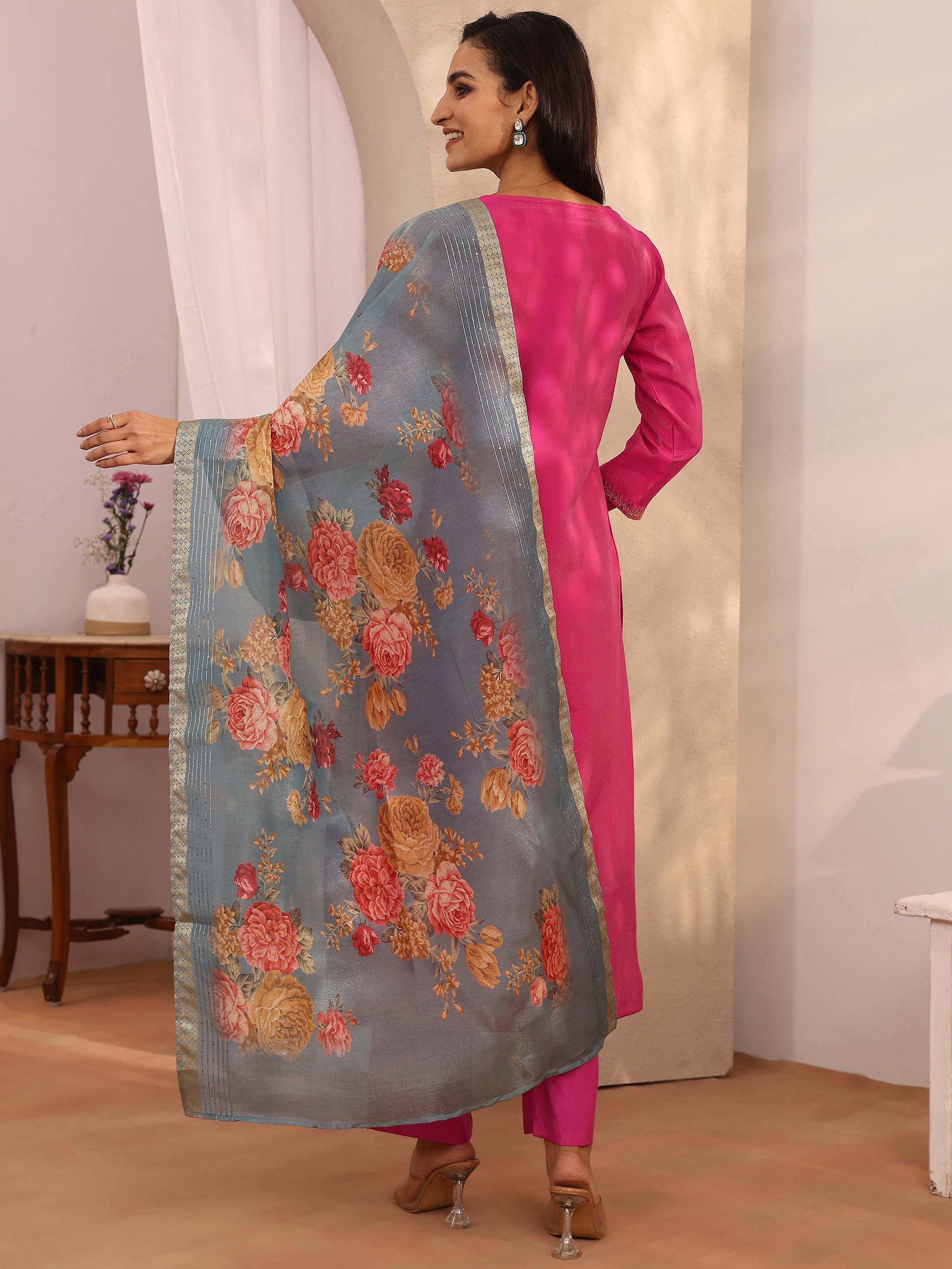 Pink Printed Silk Blend Straight Kurta, Trousers and Dupatta Set