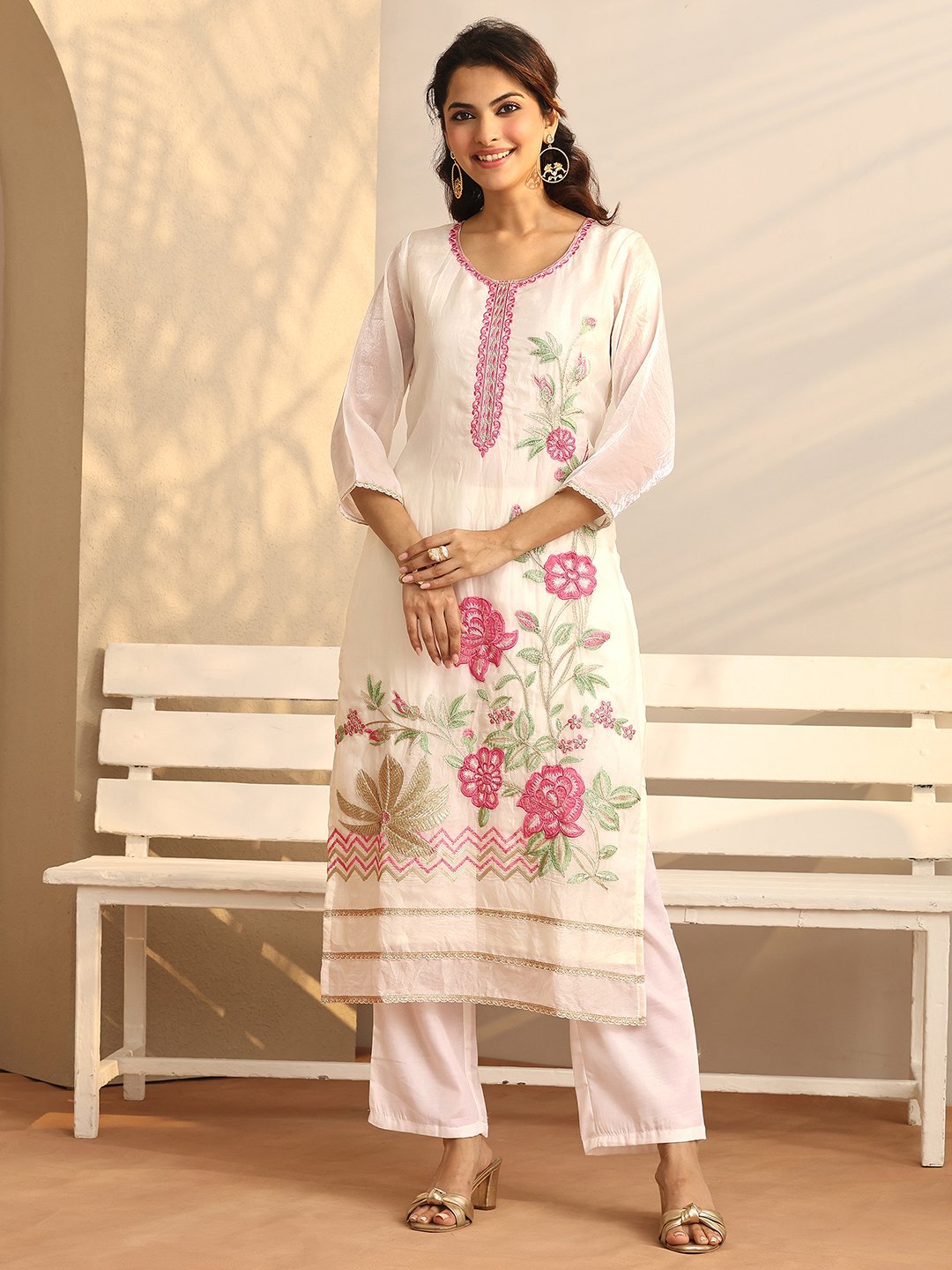 White Printed Organza Straight Kurta, Trousers and Dupatta Set