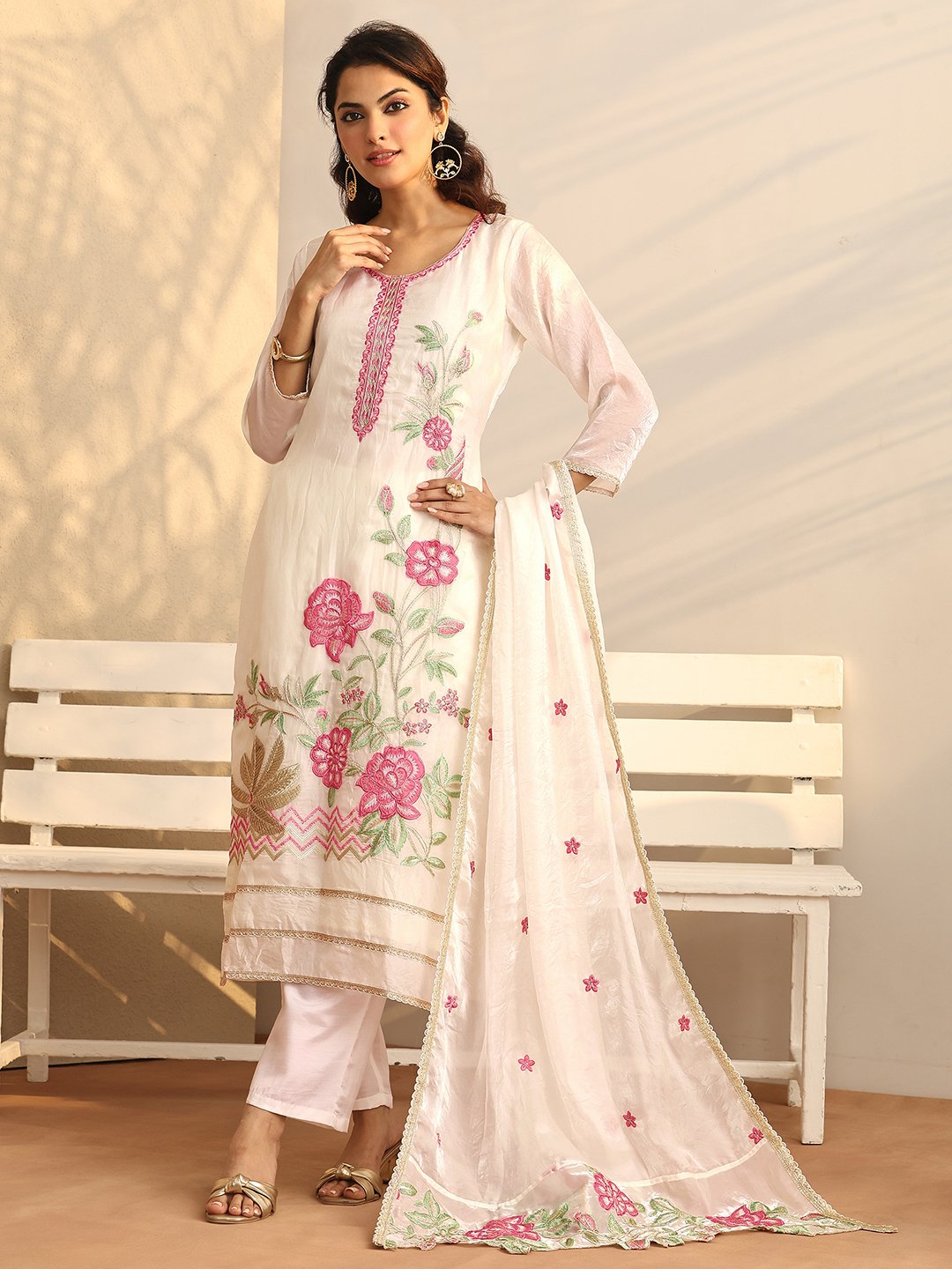 White Printed Organza Straight Kurta, Trousers and Dupatta Set